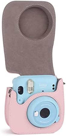 Калъф за фотоапарат непосредствена печат Phetium, Съвместим с Instax Mini 11, Чанта от изкуствена кожа с джоб и регулируема пагон (нежно-розов)
