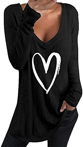 Andongnywell Дамски Годишна Ежедневна Тениска с принтом във формата на Сърце, Дълъг Ръкав, през Цялата Силует, Графична Тениска с