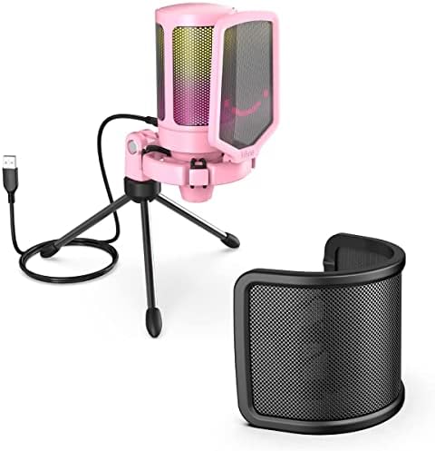 USB-Микрофон, слот за PC с поп-филтър, бързо изключване на звука, усилване на микрофона за стрийминг на подкасти, Компютърен кондензаторен микрофон AmpliGame RGB - Розово (A6VP