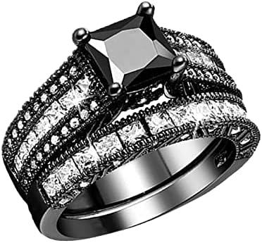 2023 Ново дамско винтажное черен пръстен 2 в 1, годежен пръстен с диамант, набор от сменяеми халки (черен, 9)