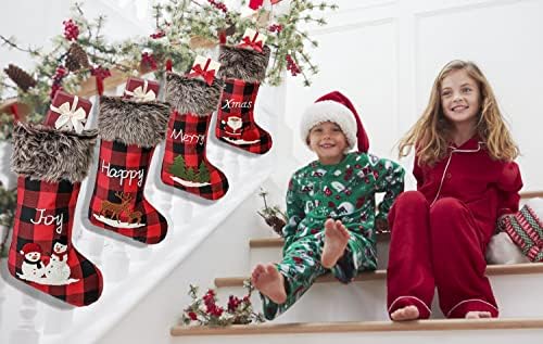 Коледни Чорапи - 4 комплекта 18,5Гигантски червено-черни коледни отглеждане в клетка цвят Бизон, Украси с Коледна Елха, Сантой, Снеговиком,