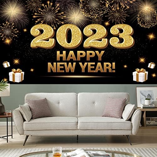 Lucleag Фон честита Нова година 2023, нова година фон за декорация на партита, 70,9x43,3 инча, Банер честита Нова година, Черен NYE Декор, Фотофон за парти в навечерието на Нова ?