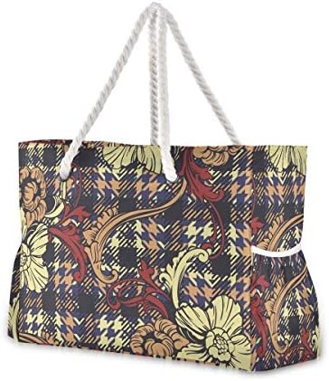 Чанта за пазаруване ALAZA Beautiful Flower Plaid Beach Toy Чанта за плаж, Душ Кабина, Плувен басейн
