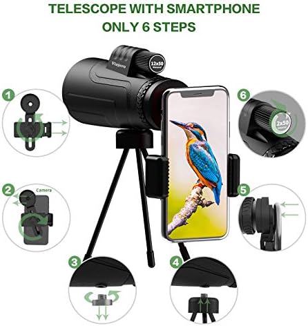 Монокуляр Viajero, Монокуляр 12X50 HD за Android, iPhone, Водоустойчив Телескоп с увеличение за възрастни и деца с притежател на смартфон