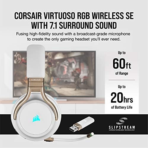 Безжична детска слушалки Corsair Virtuoso RGB - Висококачествен съраунд звук 7.1 с микрофон излъчване качество - Втулки от пяна с памет ефект - Време на автономна работа 20 часа