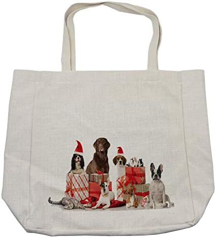 Коледна торбичка за пазаруване Ambesonne, Няколко Домашни любимци с Коледни подаръци-Изненади, Кучета, Котки, Зайци, Дългогодишна Множество