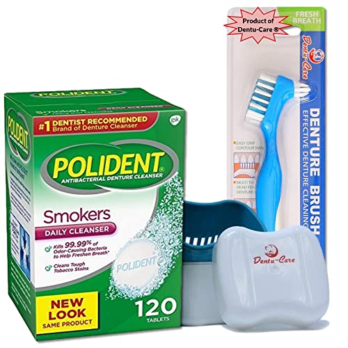 Таблетки за почистване на зъбни протези за пушачи и 120 таблетки в комплект с футляром за зъбни протези Dentu-Care и четка за протези за поддържане на добра чистота на Пъл