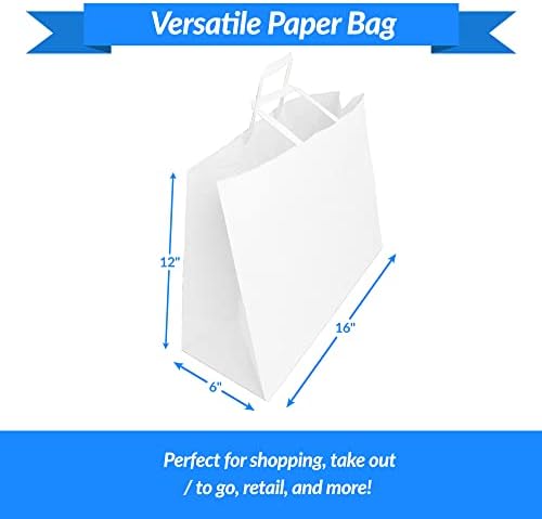 Рели. Хартиени торбички за пазаруване, Бели | 60 бр. | Големи 16x6x12 | Бяло Хартиени торби с дръжки | Тежки, Големи чанти