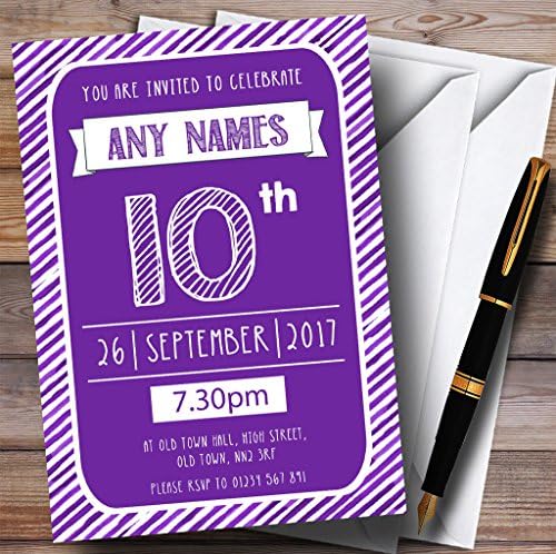 Пощенска картичка Zoo Purple & White Stripy Deco 10th Персонални Покани на парти по случай рождения Ден