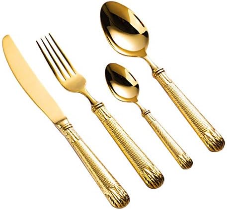 Луксозни златни прибори за хранене Kekkein най-високо качество, 4 бр., тенис на нож с гравиран от неръждаема стомана, вилица, лъжица