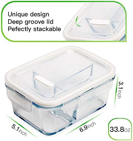 Стъклени Съдове за приготвяне на храна Bento Box обем 33,8 грама, 3 отделения с капаци, Стъклени Съдове За съхранение на