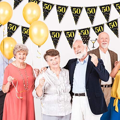 5 Опаковки Украса за партито за 50-ия рожден ден, Вимпел-Банер, Черно Златен Банер на 50 Години, Триъгълен Флаг, Аксесоар за