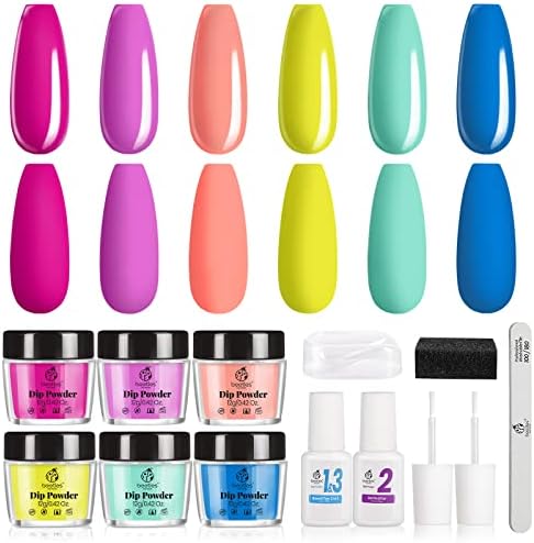 Комплект за нокти Beetles Dip Powder - 6 Цвята, Ярък Летен Комплект за парти край басейна, ярко розово, Жълто, Зелено, синьо,