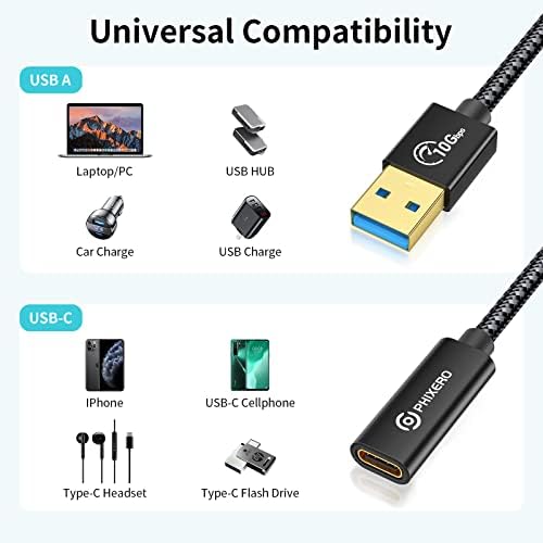PHIXERO [10 Gbit/s] USB Адаптер C за свързване към USB конектора 3.1 Gen 2 (1 нм), 3A Адаптер бързо зареждане USB A-C USB с пренос на