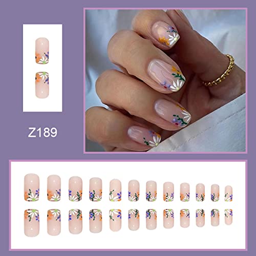 Цвете Натиснете върху ноктите на Средния Лепило за Нокти за Жени Пролет-Розови Режийни ноктите Виолетово-Бели Флорални Дизайни