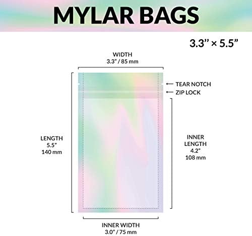 Пакети от mylar с цип 3,3 x 5,5 инча | 100 пакети | с Преливащи се цветове Холограма | Термосвариваемые торбички за опаковане на