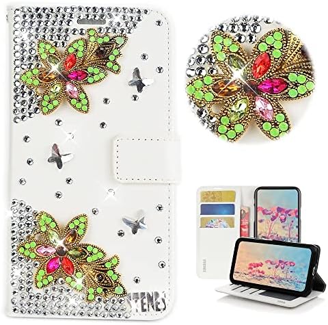 Калъф за телефон STENES Bling Wallet е Съвместим с калъф Moto G Fast Case - Стилен - Магнитен портфейл ръчно изработени в стил Ретро с 3D цветя и пеперуди с пайети, Кожен калъф-поставк