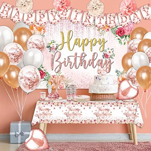 Haimimall Украса за парти по случай рождения Ден на Розов Фон от розово злато С цветен модел Балони Банер честит Рожден Ден на Набор от ястия Включва Чинии, Чаши Topper за т?