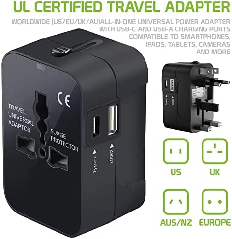 Международен захранващ адаптер USB Travel Plus, който е съвместим с Micromax Болт D200 за захранване на 3 устройства по целия свят USB TypeC, USB-A за пътуване между САЩ /ЕС /AUS/NZ/UK /КН (че?