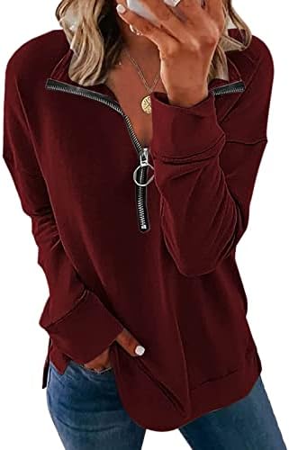 IIUS 1/4 Hoody с цип, Дамски Пуловер на една Четвърт от мълния, Блузи, Свободен Пуловер с V-образно деколте и дълги ръкави, Есенна