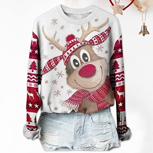 Жена Коледен топ, Сладка тениска с принтом, Поло с дълъг ръкав, Ежедневни Hoody с кръгло деколте, Свободна Удобна Блуза