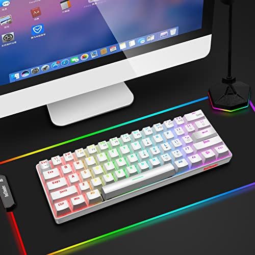 Безжична ръчна клавиатура RedThunder 60%, Акумулаторна батерия с 1850 mah, Безжична Детска клавиатура с подсветка True RGB, 61 клавиша, Компактен оформление за PC геймърите (бял, си