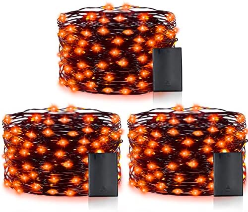 [Timer] 3 Комплекта декоративни оранжеви гирлянди за Хелоуин, общо 90 led, 30 Метра медни гирлянди захранван с батерии, Украса за