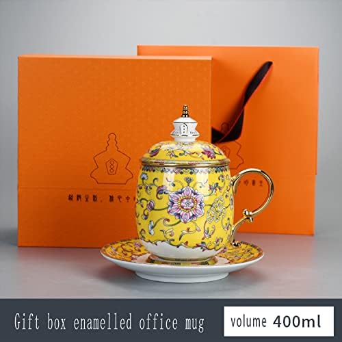 Эмалированная чаена чаша ICHAG, Кафеена чаша, офис чай със златна дръжка, синя эмалированная чаша, подарък чай, за мъже и жени (златисто-жълто)