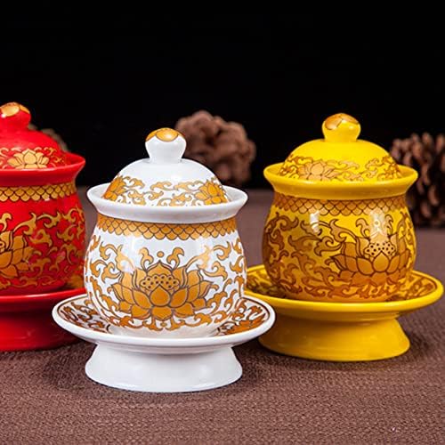 Поклонението чаша с капак за жълти чай, традиционни тибетски модел будист, домашен Дзен, замазване на будистки цветни парфюми с притежателя на X. Използвайте керами