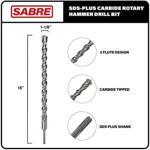 Sabre Tools 1-1/8 инча x 18 инча СДС Plus Перфоратор с твердосплавным върха на тухли, камък и бетон (1-1/8 x 16 x 18)