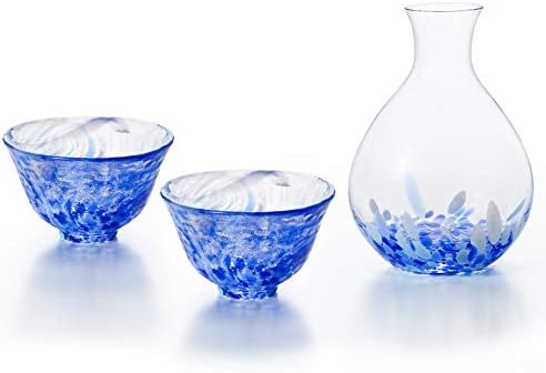 Tsugaru Biidoro, Стъклен комплект за саке и подобни ръчно изработени, 2 Чаши и 1 Гарафа Токкури, синьо