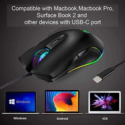 Attoe C USB Мишка, Ергономична мишка Type-C с подсветка, разделителна способност до 3200 dpi, Жичен детска мишката RGB за MacBook Pro, Matebook