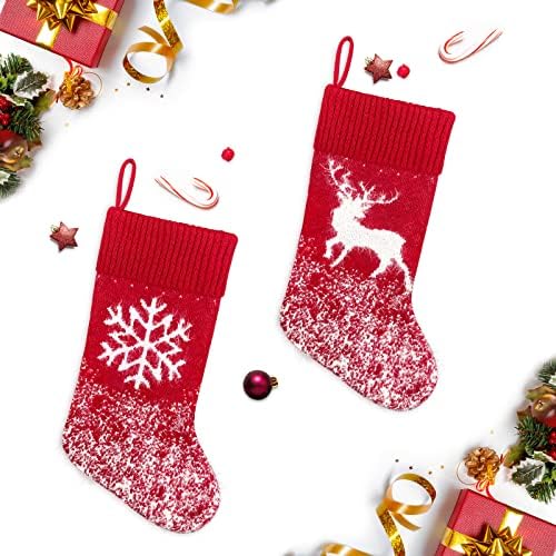 Crochet Коледни Чорапи Senneny, 4 опаковки, 17,5 , Червени Възли Коледни Чорапи, Ръчно изработени, Бордо Коледни Чорапи, Големи Плетени, Украшения