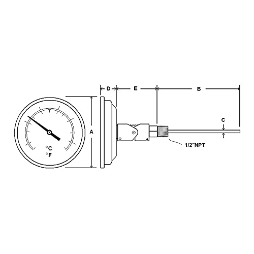 Сензор PIC B3B9-TT с размер на циферблата 3 инча, 200/1000 ° F и 93/538 ° C, дължина на пръта, 9 инча, Съединение под задната ъгъл, Корпус от неръждаема стомана, Биметаллический терм