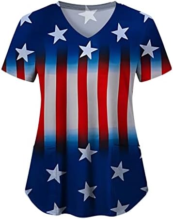 Ризи 4 Юли за Жени с Флага на САЩ, Лятна Риза с Къс Ръкав и V-образно деколте и 2 Джобове, Блуза, Топ, Празнична Ежедневни работни Дрехи