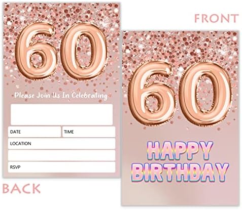 Покани за рожден Ден SHLINCO на 60-ия Рожден ден с Пайети от Розово Злато, 60 Покани за Рожден Ден за Момичета, Празнична парти, за да проверите за рождения ден (20 Покани + П?
