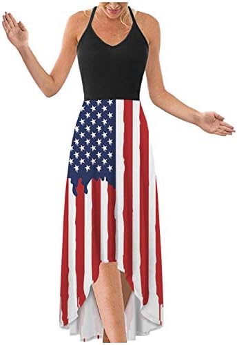 Женствена Рокля Макси от 4 юли, Лятото Ежедневна Рокля в стил Бохо с Флага на САЩ, Без ръкав, С Кръгло деколте, в Звездната Ивица, Sundresses