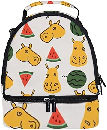 Здрав преносим двупластова чанта за хранене Cartoon Hippopatamus с обяд-бокс на раменна рамо, подходяща за работа, пътуване и учене