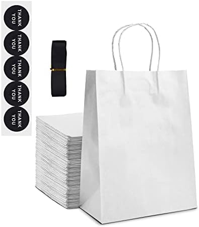 Кафяви хартиени пакети, Casa Stella с дръжки по 20 броя с размер 8x4,2x10,5 инча, торбички от крафт-хартия с 5-метрова черна лента и 5 стикери