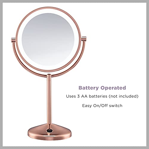 Огледало за грим Conair с подсветка и Увеличаване, Тоалетен огледало с led осветление, Увеличително огледало 1X /10X, Изпълнени на батерии от Розово злато