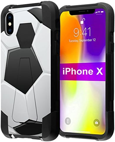 Калъф за iPhone X, Капсули калъф Fusion Hybrid Двуслойни устойчив на удари Бойна калъф-поставка (Черно), за iPhone, X - (Футболна топка)
