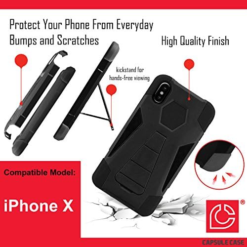Калъф за iPhone X, Капсули калъф Fusion Hybrid Двуслойни устойчив на удари Бойна калъф-поставка (Черно), за iPhone, X - (миниатюрен