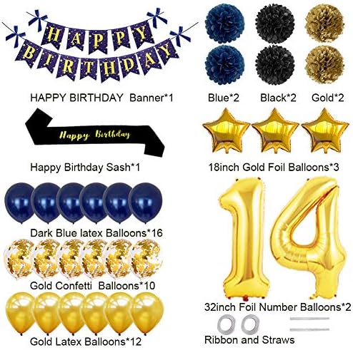 Украса за парти на 14-ти рожден ден yujiaonly - Златни Банер честит Рожден Ден, Балони с 14-ти номер, Колан честит Рожден Ден, Латексови