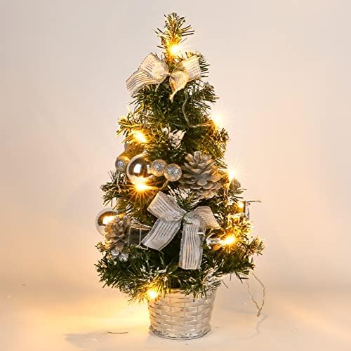 Настолен Мини Коледно дърво 15,7 , Малка Изкуствена Коледна Елха с Led Гирлянди и Украшения, Домашно приготвени Коледна Декоративна