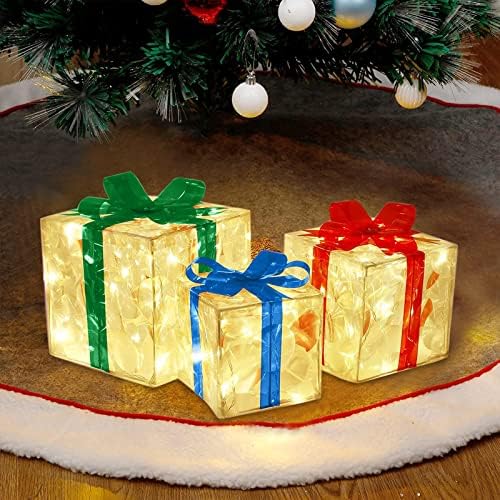 BILIKEYU Коледни Подаръчни Кутии с Подсветка и Лък, Предварително подсвеченные 100 led Подарочными Кутии, Коледни Топло Бяло Осветление На закрито/открито, Коледно Дърво,