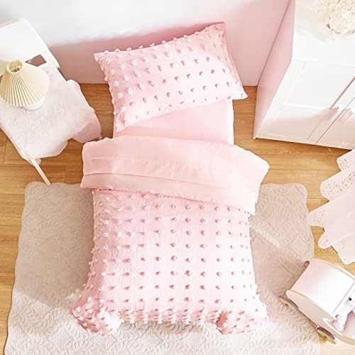 Комплект спално бельо за деца от 4 теми с хохолками в фасул, обикновен розови жакард връзки с pom-помераните, мек дизайн в стил Шебби-Шик-бохо