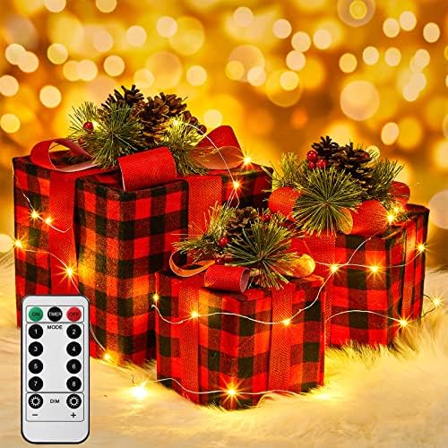3 Комплект Коледни Подаръци Кутии с Осветление, Орнаменти, 16,4 подножието led Гирлянди, Светещи Кутии, Кутии за Коледни подаръци с Панделки