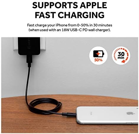 Кабел за зареждане/синхронизация Griffin ПФИ Apple Lightning-USB-C съвместими, например с iPhone 11/11 Pro / SE (2020) / 12 Mini / 12/12 Pro / 12 Pro Max [Дължина 1,2 м За бързо зареждане I За зареждане и синх