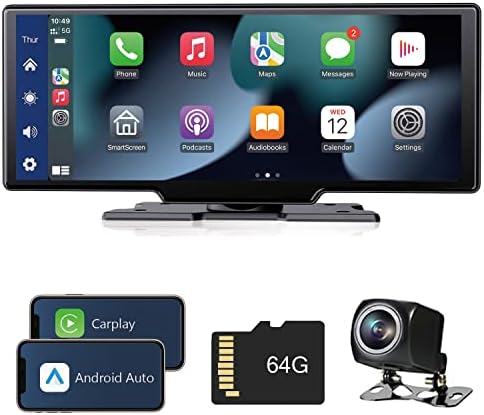 [Новост 2023 г.] преносима Безжична автомобилна стерео система на Apple Carplay и Android Auto с видеорегистратором и камера гръб 1080P, 10,26HD IPS Екран / Рекордер с цикличен запис / 64G TF