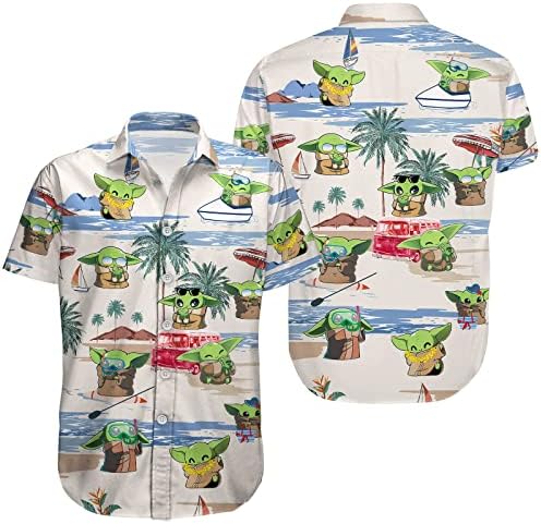 Хавайска Риза HuntFami с Хубав Анимационни Космически Дизайн, Ежедневен Риза с Копчета с Малко Зелен Герой, Космическа Плажна Риза,